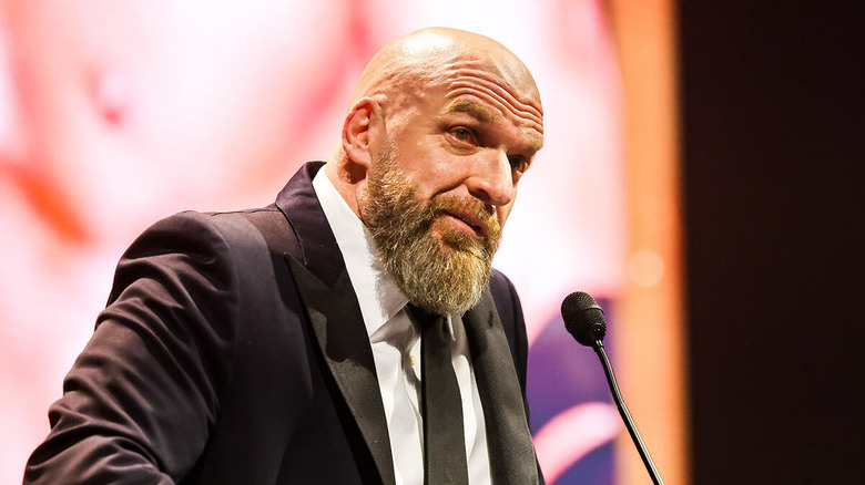 Paul "Triple H" Levesque addresses the audience during his Hall of Fame induction speech in April 2025.