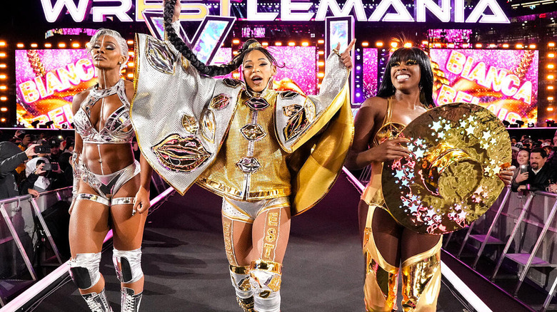 Jade Cargill, Bianca Belair, and Naomi make their entrance at WrestleMania XL.
