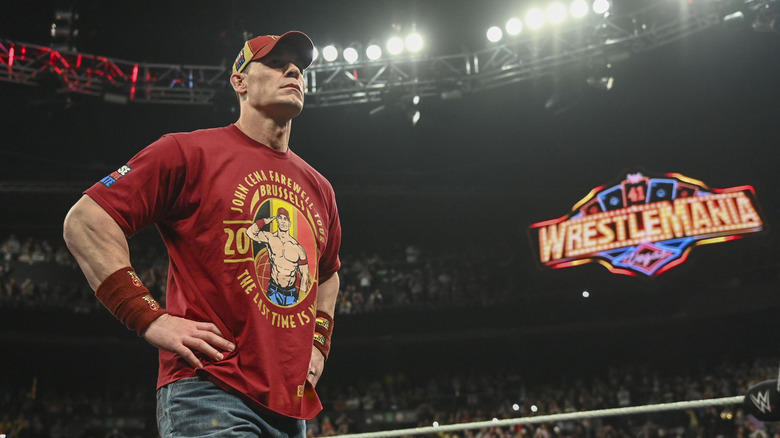 John Cena is seen in the ring during Monday Night RAW at Forest National on March 17, 2025 in Brussels, Belgium.