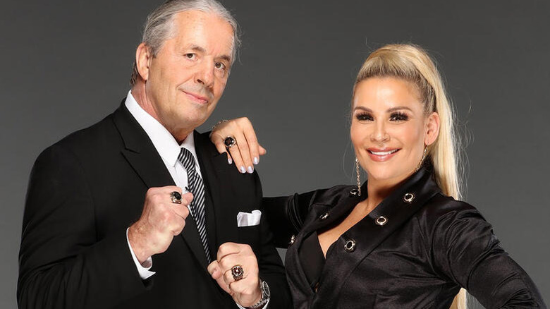 Bret Hart poses beside his niece, Natalya, wearing WWE Hall of Fame rings ahead of The Hart Foundation's induction in 2019.