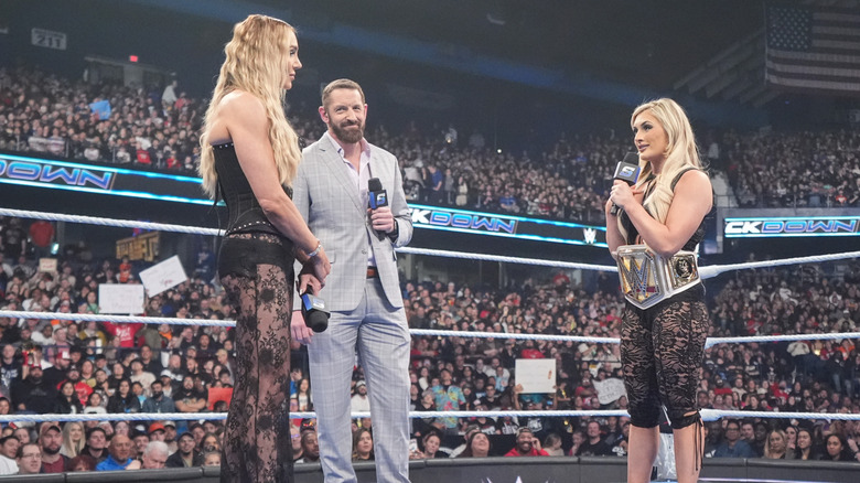 Charlotte Flair and Tiffany Stratton speak during SmackDown at Allstate Arena on April 4, 2025 in Rosemont, Illinois.