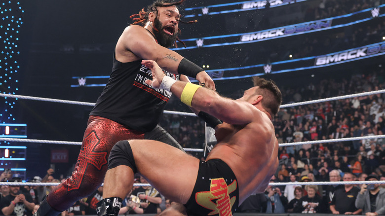 Jacob Fatu in action against LA Knight during SmackDown at Climate Pledge Arena on April 11, 2025 in Seattle, Washington.