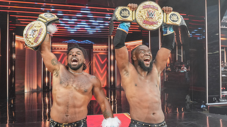 Xavier Woods and Kofi Kingston, of the New Day, celebrate their win during WrestleMania 41 Saturday at Allegiant Stadium on April 19, 2025 in Las Vegas, Nevada.