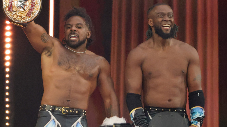 New Day raising their tag titles at WWE WrestleMania 41