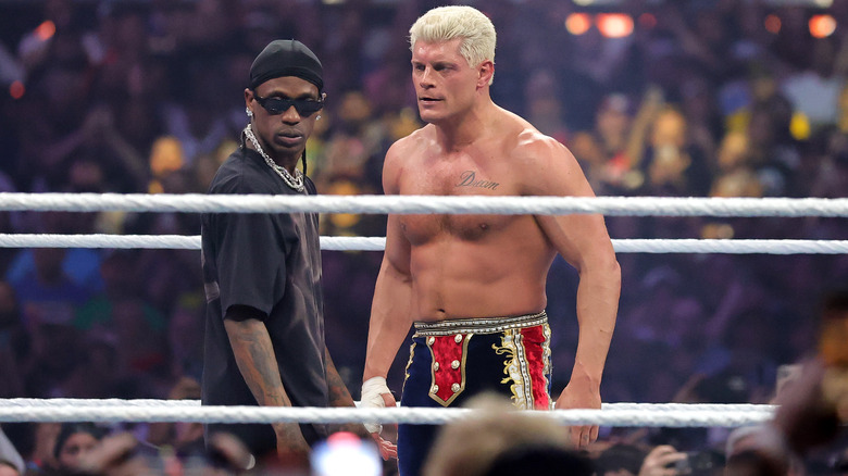 Cody Rhodes confronts Travis Scott in the ring at WrestleMania 41