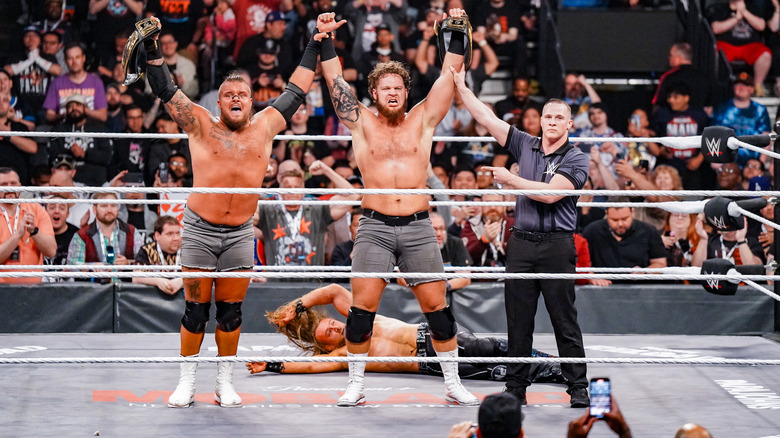 Hank and Tank raise the NXT tag titles over their heads at Stand & Deliver