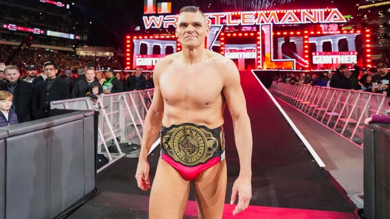 GUNTHER heads down the ramp, wearing the Intercontinental Championship before wrestling Sami Zayn at WrestleMania 40.