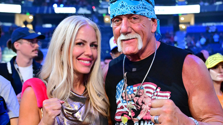 Terry "Hulk Hogan" Bollea poses with wife Sky Daily during the Jake Paul vs Mike Perry main event at Amalie Arena on July 20, 2024 in Tampa, Florida.