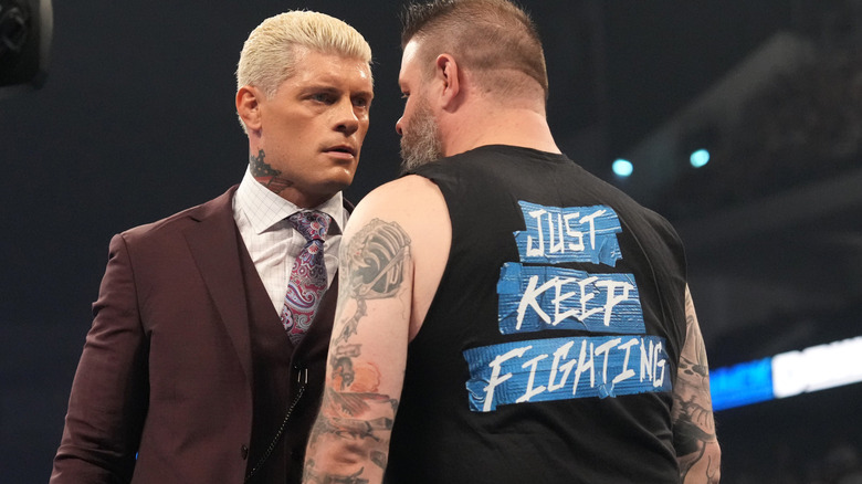 WWE Undisputed Universal Champion Cody Rhodes faces off with Kevin Owens during WWE Friday Night SmackDown at Uber Arena on August 30, 2024 in Berlin, Germany.