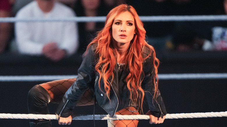 Becky Lynch is introduced prior to her fight during WWE Monday Night RAW at Toyota Center on March 11, 2024 in Houston, Texas.