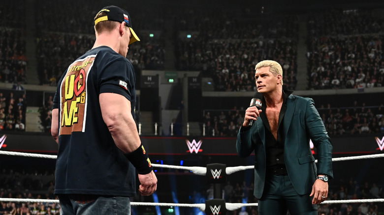 John Cena and Cody Rhodes face off during Monday Night RAW at The OVO Hydro on March 24, 2025 in Glasgow, Scotland.
