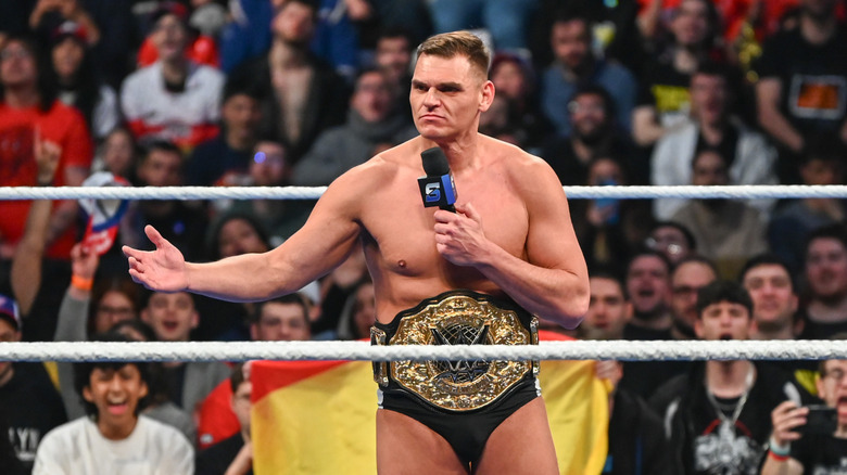 Gunther speaks during SmackDown at Olimpic Arena on March 14, 2025 in Barcelona, Spain.