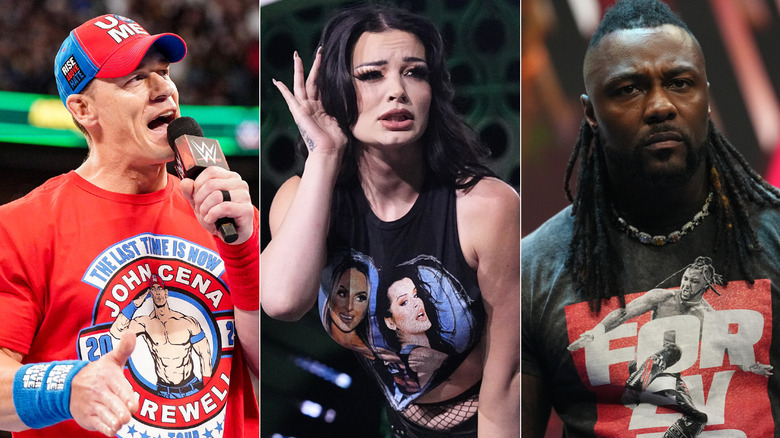 Split image with John Cena talking into a microphone, Saraya holding he hand up to her ear and Swerve Strickland glaring