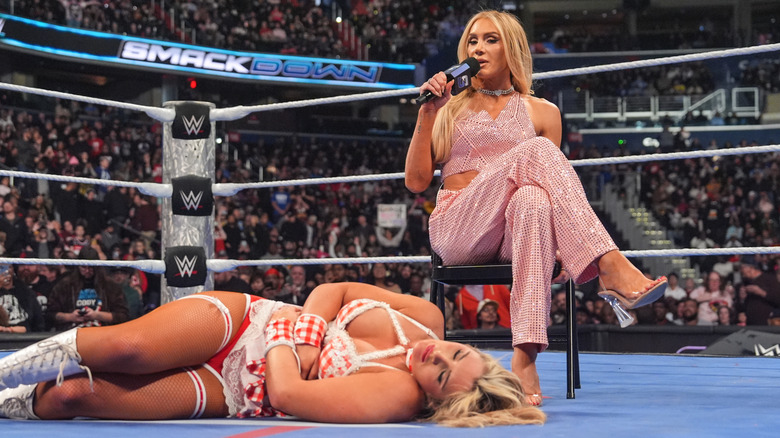 Charlotte Flair picks Tiffany Stratton as her opponent at WrestleMania during SmackDown at Capital One Arena on February 14, 2025 in Washington, DC.