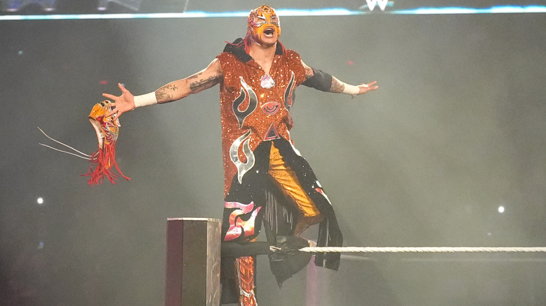 Rey Fenix makes his entrance during SmackDown at Allstate Arena on April 4, 2025 in Rosemont, Illinois.