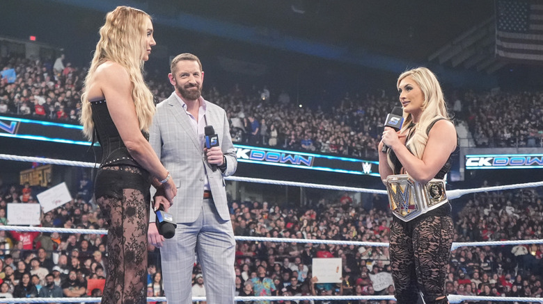 Tiffany Stratton staring at Charlotte Flair