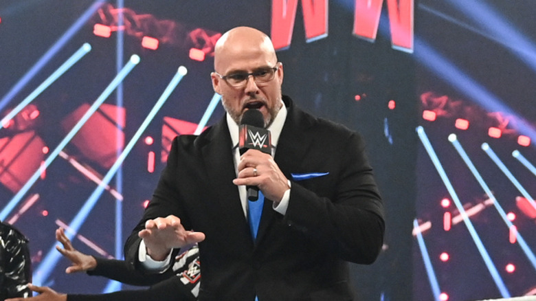 Adam Pearce (C) speaks to Jade Cargill, Bianca Belair (L), Liv Morgan, Raquel Rodrigues (R) during Monday Night RAW at Mohammed Abdo Arena on November 4, 2024 in Riyadh, Saudi Arabia.