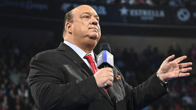 Paul Heyman speaks during SmackDown at Olimpic Arena on March 14, 2025 in Barcelona, Spain.