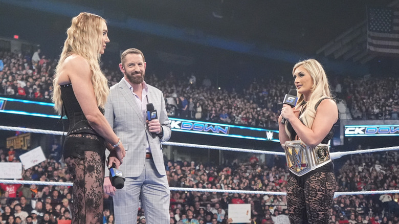 Charlotte Flair and Tiffany Stratton speak during SmackDown at Allstate Arena on April 4, 2025 in Rosemont, Illinois.