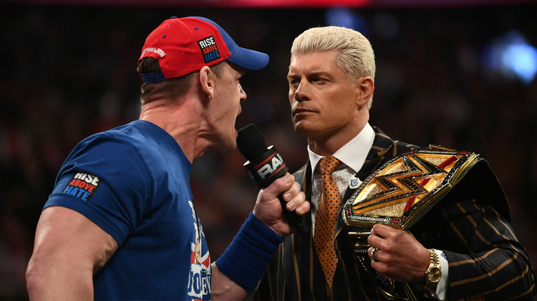 John Cena in ring and Cody Rhodes during Monday Night RAW at The O2 Arena on March 31, 2025 in London, England.