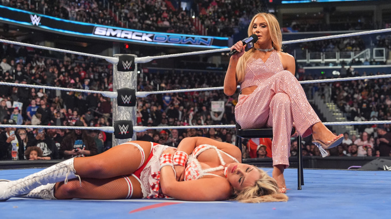 Charlotte Flair picks Tiffany Stratton as her opponent at WrestleMania during SmackDown at Capital One Arena on February 14, 2025 in Washington, DC.