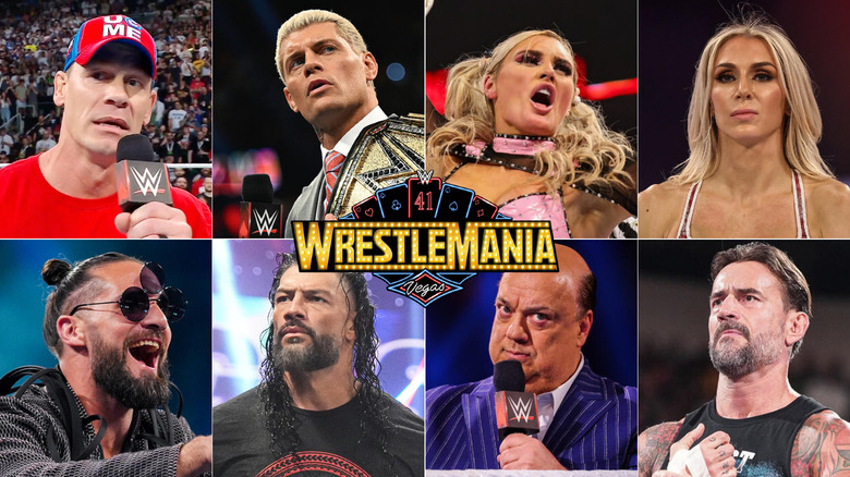 composite image featuring John Cena, Cody Rhodes, Tiffany Stratton, Charlotte Flair, Seth Rollins, Roman Reigns, Paul Heyman and CM Punk with the WWE WrestleMania 41 logo