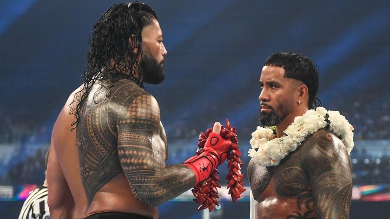 Roman Reigns stares directly into his cousin Jey Uso's eyes before their Tribal Combat match at Summerslam 2023