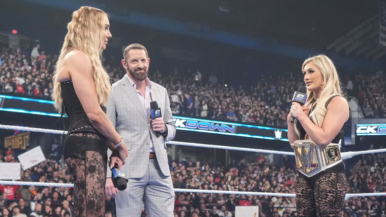 Tiffany Stratton staring at Charlotte Flair