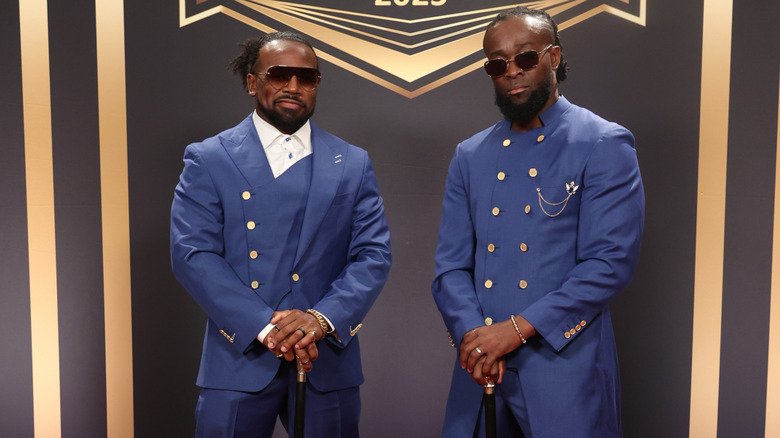 Kofi Kingston and Xavier Woods pose at the 2025 WWE Hall of Fame red carpet