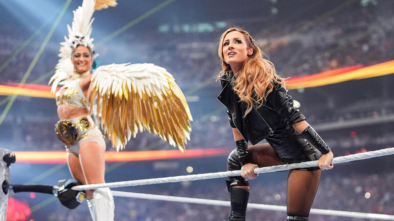 WWE Women's Intercontinental Champion poses besides Becky Lynch at WrestleMania 41.