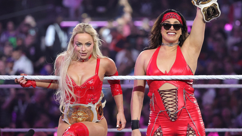Liv Morgan and Raquel Rodriguez wearing red ring gears