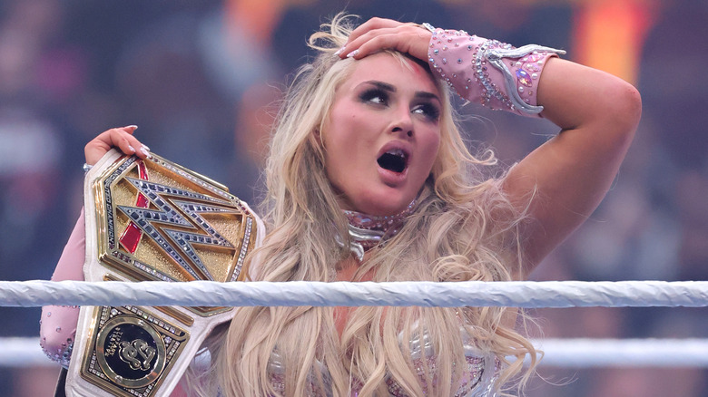 Tiffany Stratton holds up her belt as she celebrates her victory over Charlotte Flair in their WWE Women's Championship match during WrestleMania 41 at Allegiant Stadium on April 19, 2025 in Las Vegas, Nevada.