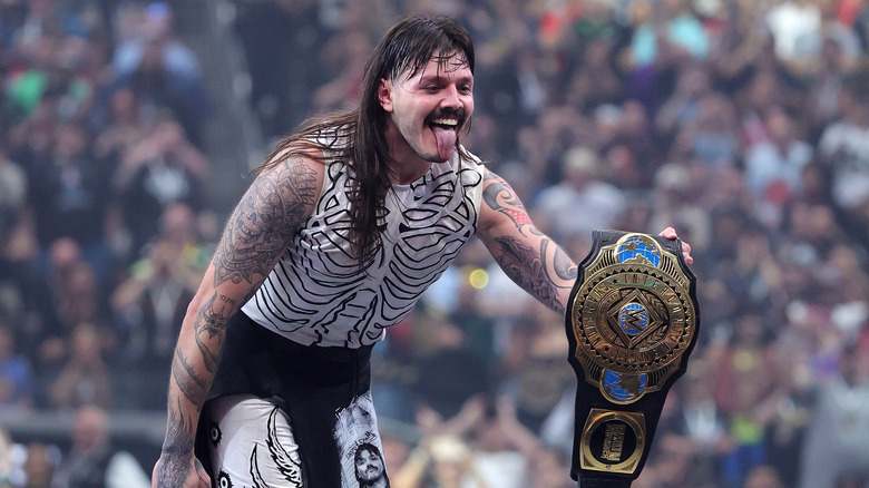 Dominik Mysterio celebrates after defeating Bron Breakker, Penta, and Finn Balor to win the WWE Intercontinental Championship during WrestleMania 41 at Allegiant Stadium on April 20, 2025 in Las Vegas, Nevada.