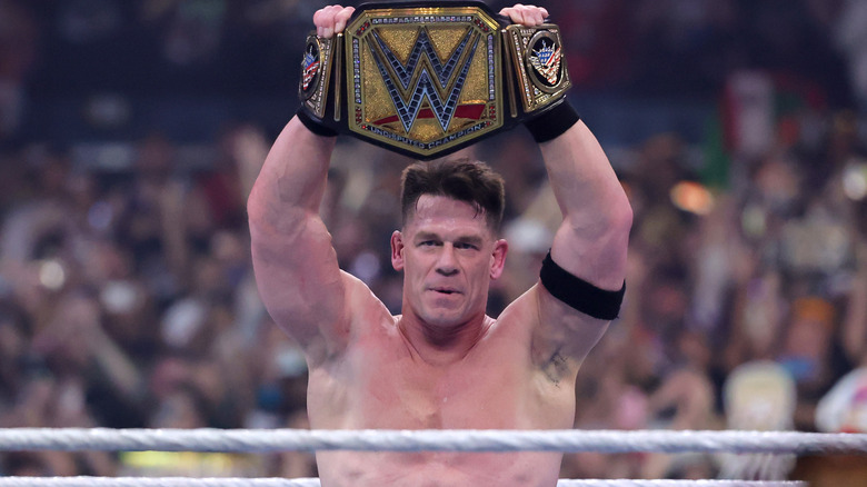 John Cena celebrating his victory at WrestleMania 41