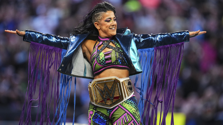 Former WWE Women's World Champion Bayley takes in the admiration from the crowd before her title defense at WWE SummerSlam 2024