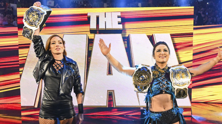 Becky Lynch and Lyra Valkyria enter arena During Monday Night Raw at T-Mobile Arena on April 21, 2025 in Las Vegas, Nevada.