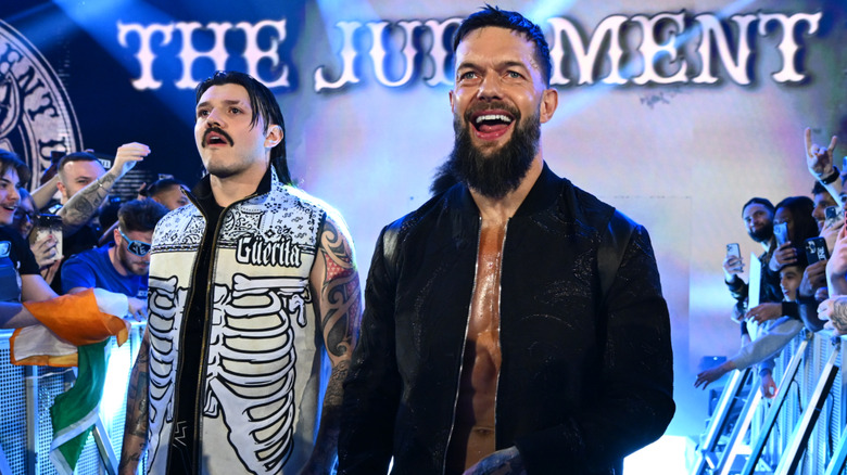 Judgment Day's Dominik Mysterio and Finn Balor during Monday Night RAW at The O2 Arena on March 31, 2025 in London, England.