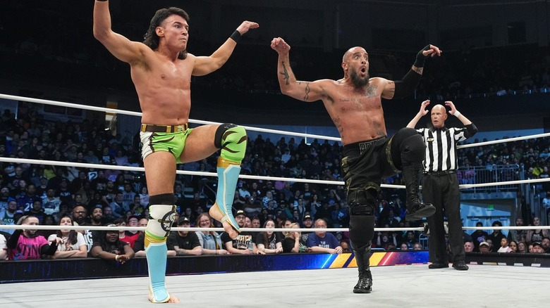 Speedball Mike Bailey and Mark Briscoe both do a "Karate Kid" pose on "AEW Dynamite"