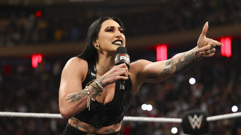 Rhea Ripley addresses IYO Sky and Bianca Belair during Monday night RAW at Madison Square Garden on March 10, 2025 in New York City.