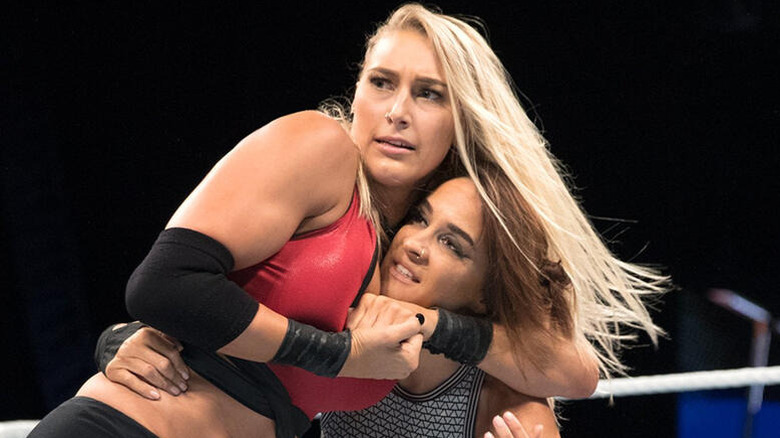 Rhea Ripley puts another competitor in a headlock in the ring during the 2017 Mae Young Classic.