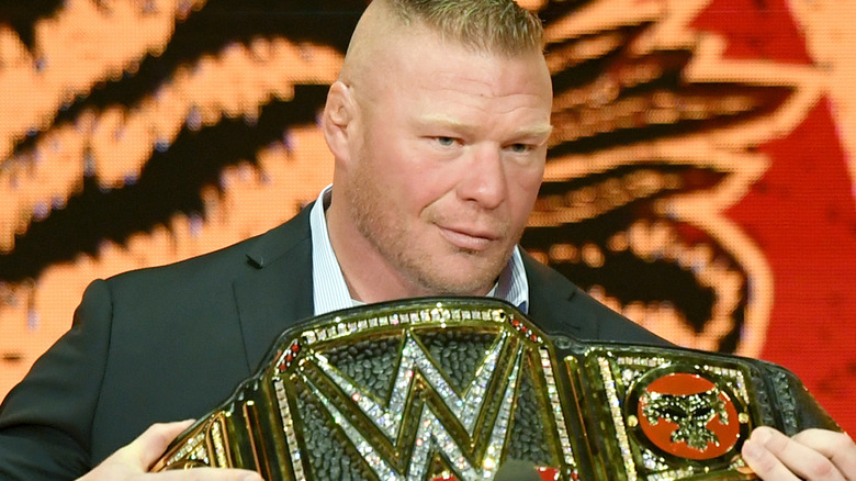 WWE champion Brock Lesnar is introduced at a WWE news conference at T-Mobile Arena on October 11, 2019 in Las Vegas, Nevada. Lesnar will face former UFC heavyweight champion Cain Velasquez and WWE wrestler Braun Strowman will take on heavyweight boxer Tyson Fury at the WWE's Crown Jewel event at Fahd International Stadium in Riyadh, Saudi Arabia on October 31.