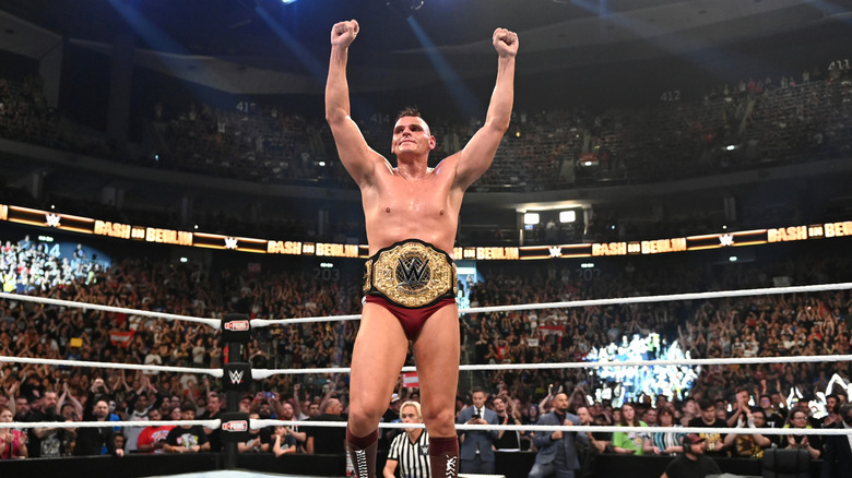World Heavyweight Champion GUNTHER reacts after he retained his title against Randy Orton (not pictured) during the WWE Bash in Berlin Premium Live Event at Uber Arena on August 31, 2024 in Berlin, Berlin.